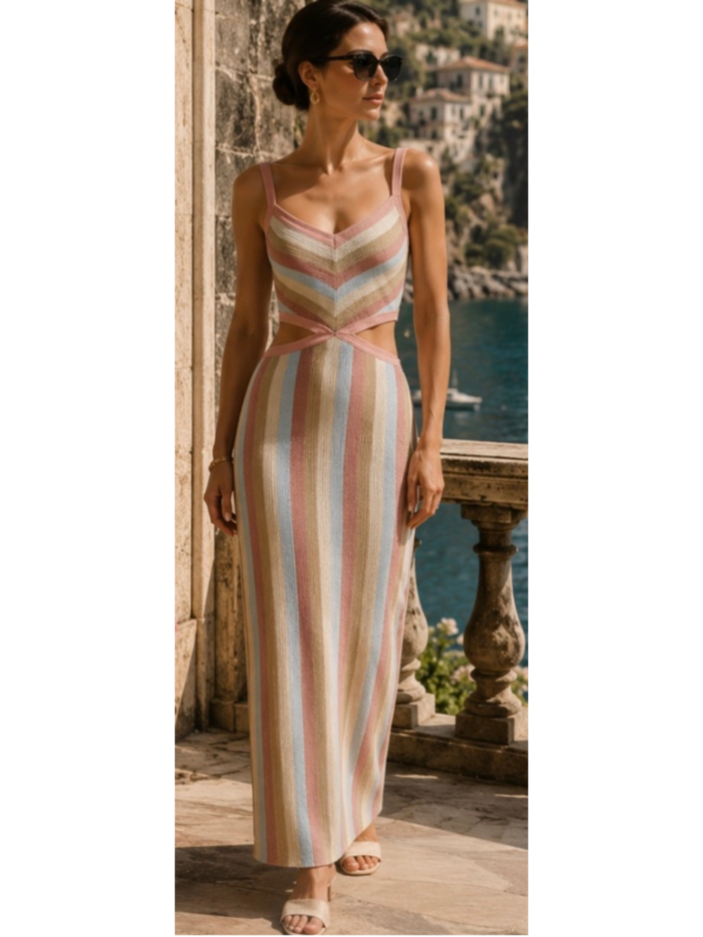 Women's Altar'd State Midi Dress Size M Beige Pink Striped Cutout